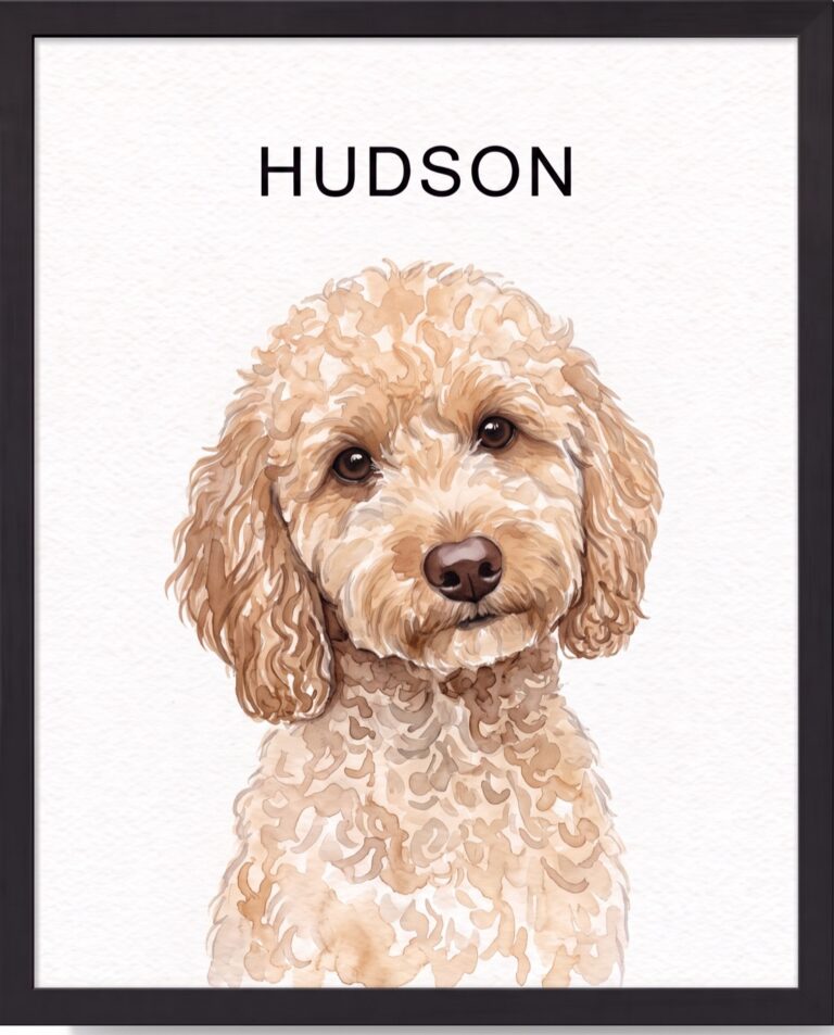 Watercolour portrait of Hudson, a golden doodle, in a black frame