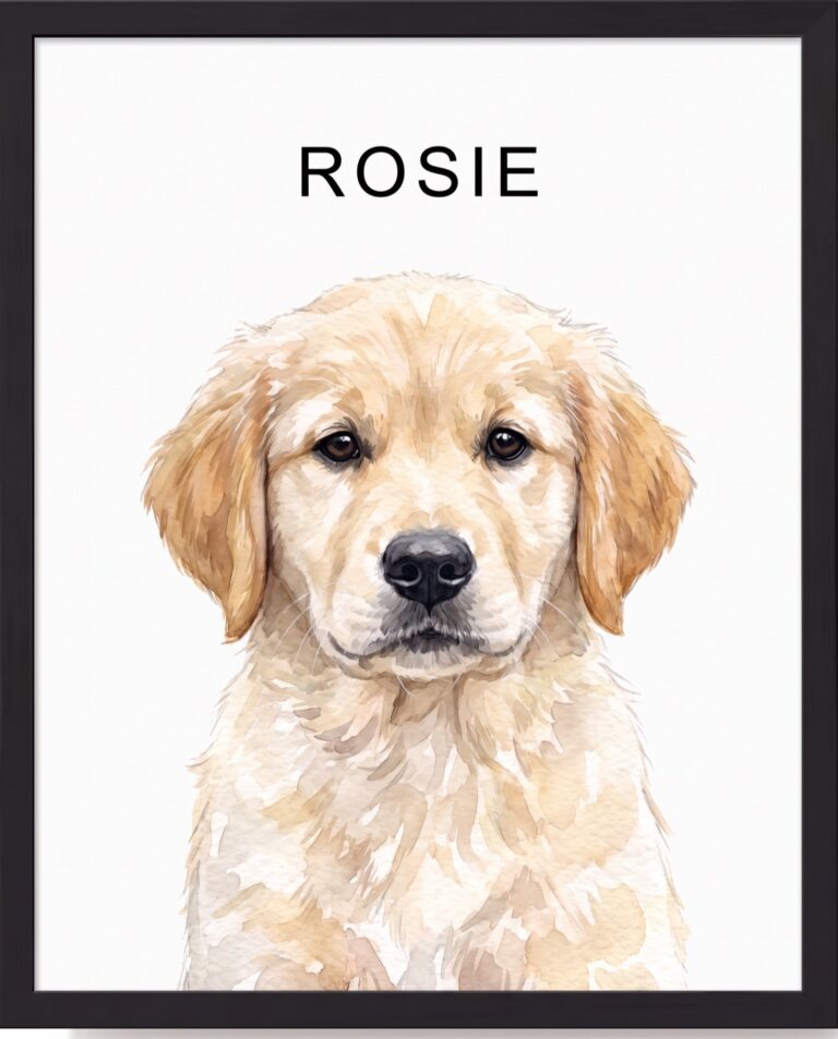 Watercolour portrait of Rosie, a golden retriever puppy, in a black frame